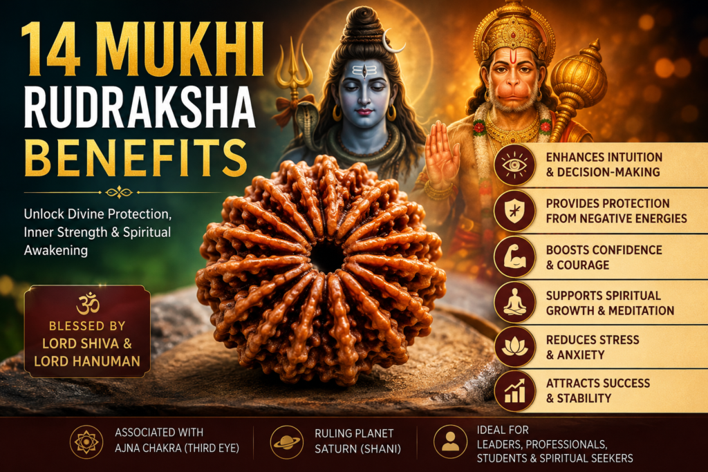 14 Mukhi Rudraksha Benefits for protection, spiritual awakening, confidence, intuition, and success