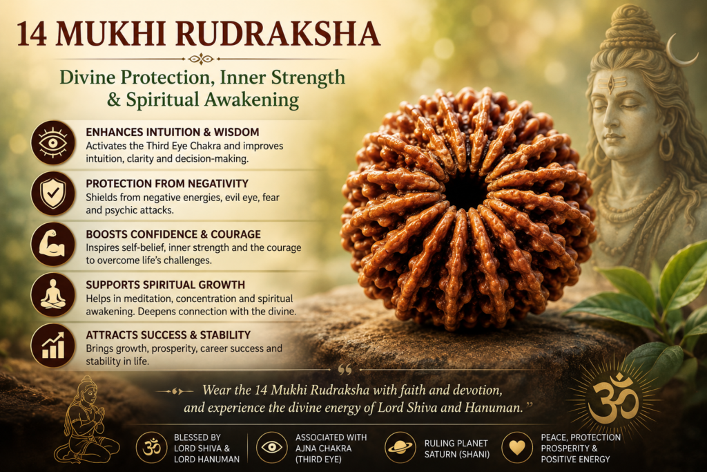 14 Mukhi Rudraksha Benefits with divine protection, inner strength, spiritual growth, and positivity