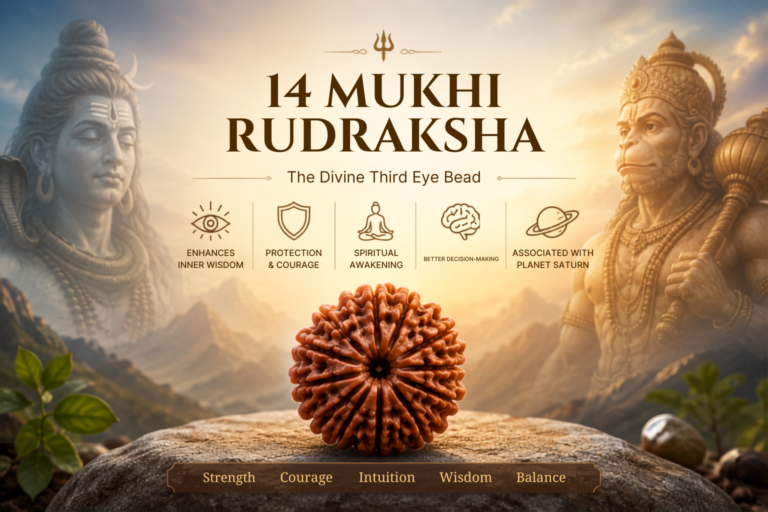 **Alt Text:** 14 Mukhi Rudraksha Benefits featured image with Lord Shiva, Lord Hanuman, divine protection, spiritual awakening, and inner wisdom