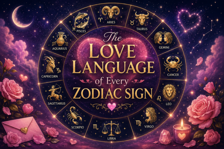 Love Language of Every Zodiac Sign astrology blog header with zodiac symbols and heart