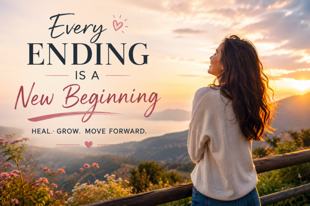 Woman embracing a new beginning after heartbreak during a peaceful sunset.