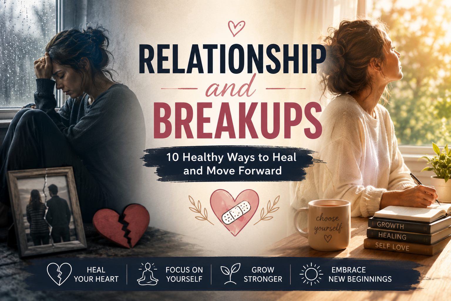 Relationship and breakups featured image showing a woman healing from heartbreak, focusing on self-love, emotional recovery, personal growth, and moving forward after a breakup.
