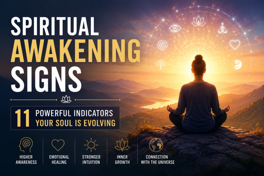Spiritual Awakening Signs – person meditating at sunrise experiencing higher awareness, emotional healing, and spiritual transformation.