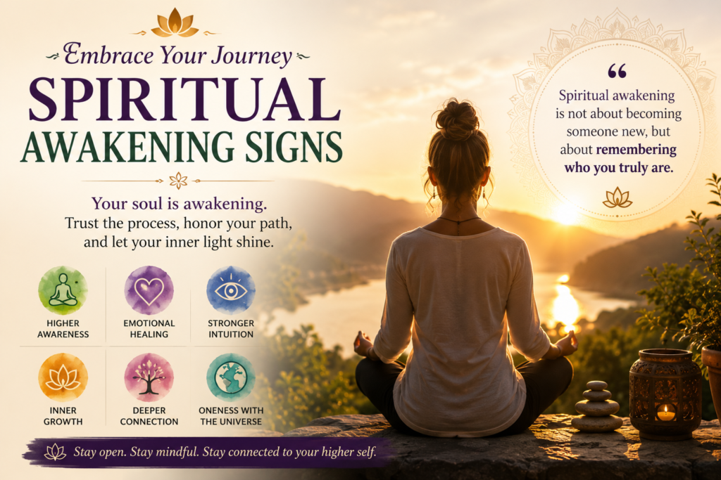 "Spiritual Awakening Signs illustration showing meditation, soul awakening, spiritual growth, and higher consciousness."