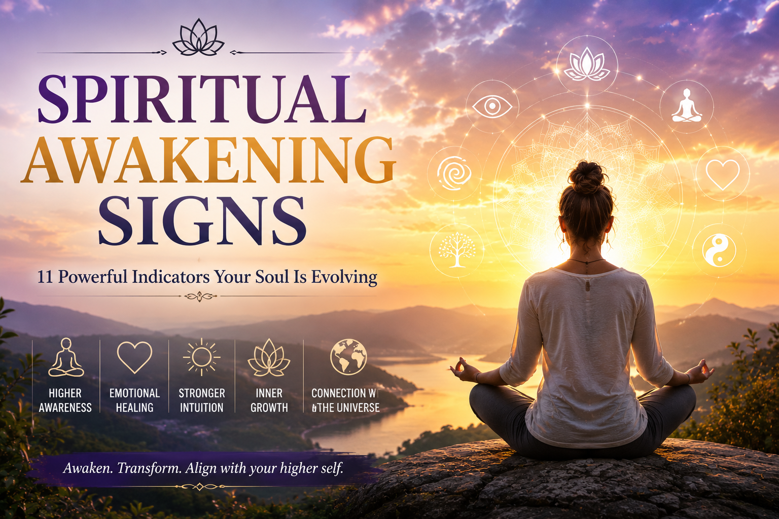 "Spiritual Awakening Signs – meditating person overlooking a sunrise landscape symbolizing spiritual growth, higher awareness, and inner transformation."