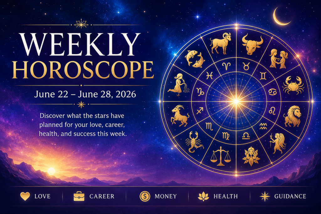 Weekly Horoscope 2026 zodiac wheel and astrology forecast illustration.