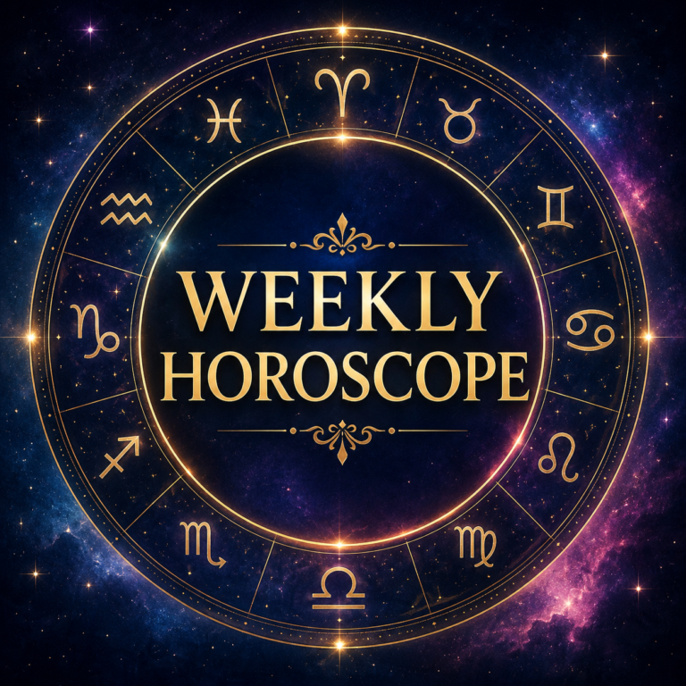 Weekly Horoscope astrology feature image with zodiac wheel and cosmic background.