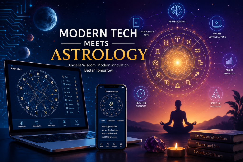 Modern Tech Meets Astrology with AI, zodiac wheel, astrology apps, and digital birth chart in a futuristic design.