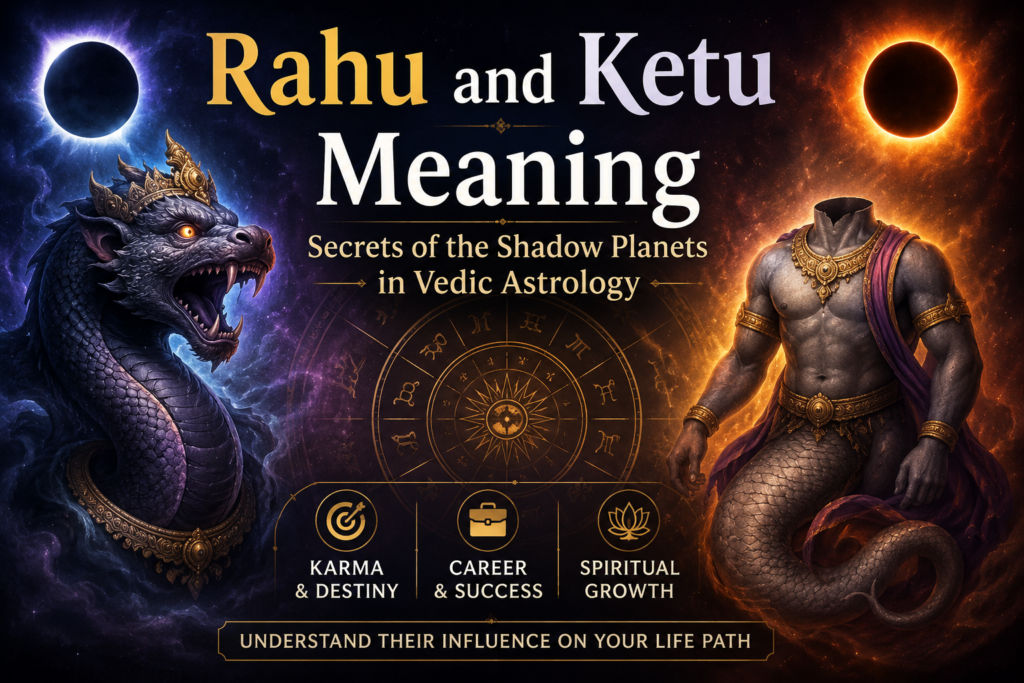 Rahu and Ketu meaning illustration depicting shadow planets in Vedic astrology and their influence on karma and destiny.
