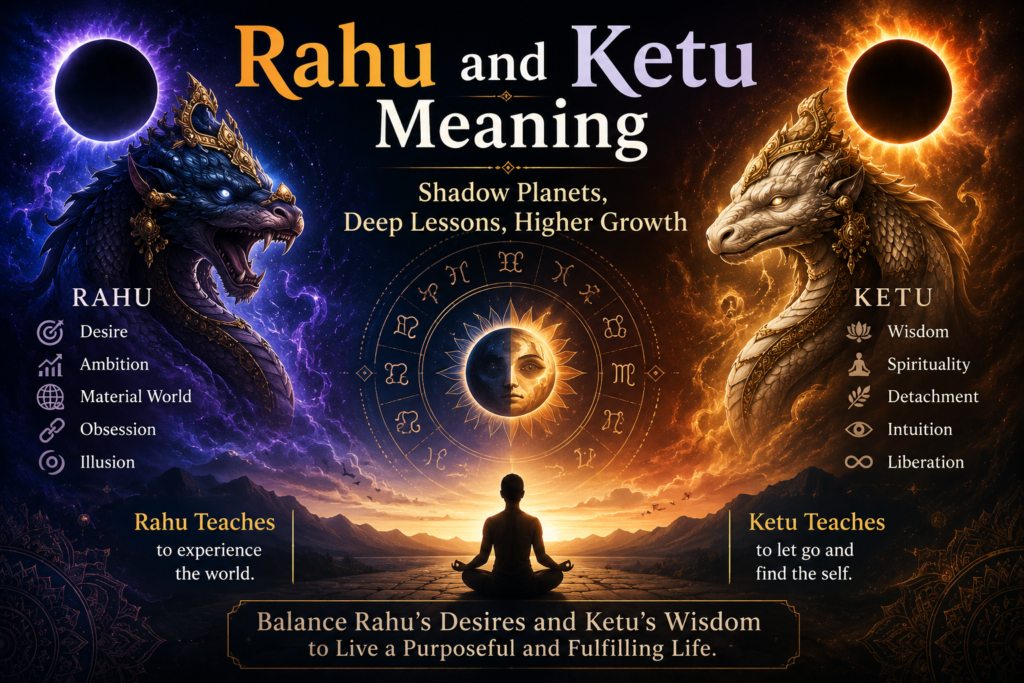 Rahu and Ketu in Vedic astrology representing ambition, wisdom, spiritual growth, and karmic balance.