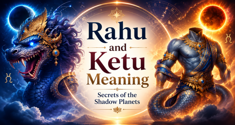 Rahu and Ketu Meaning featured image showing Rahu's head and Ketu's headless body symbolizing karma, destiny, and spiritual growth in Vedic astrology.