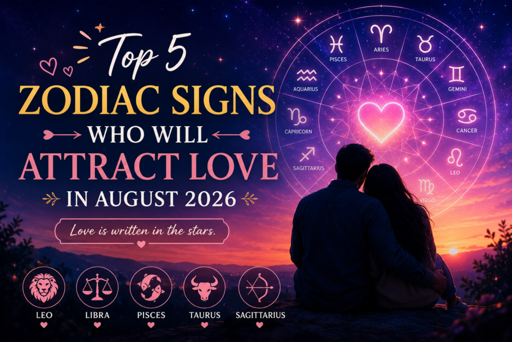 Zodiac Signs Who Will Attract Love in August 2026 featured image with zodiac wheel, romantic couple, and celestial night sky