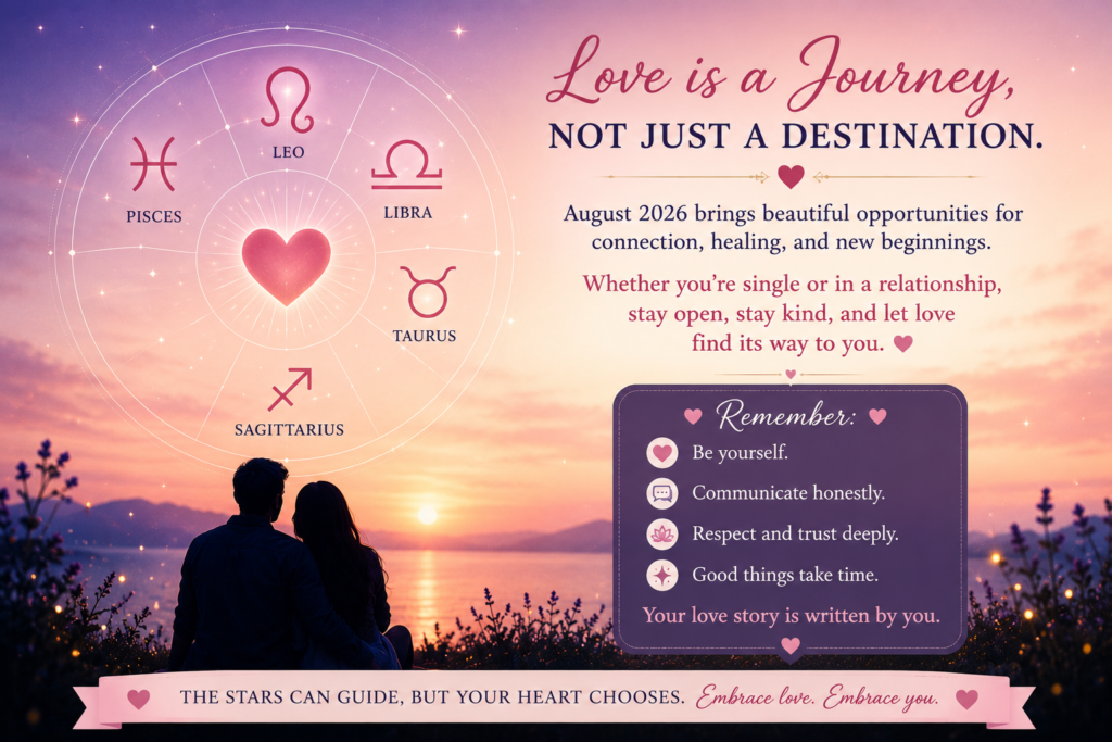 Zodiac Signs Who Will Attract Love in August 2026 inspirational astrology illustration with zodiac wheel, romantic couple, and love guidance