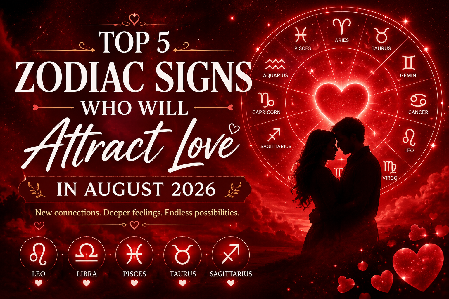 Zodiac Signs Who Will Attract Love in August 2026 featured image with red zodiac wheel, romantic couple, heart constellation, and astrology theme