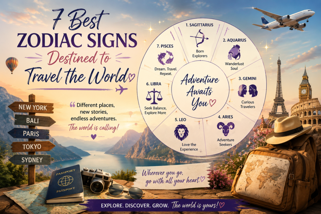 7 Best Zodiac Signs for Travel illustration featuring a traveler overlooking famous world landmarks, zodiac wheel, airplane, passport, mountains, and adventure theme
