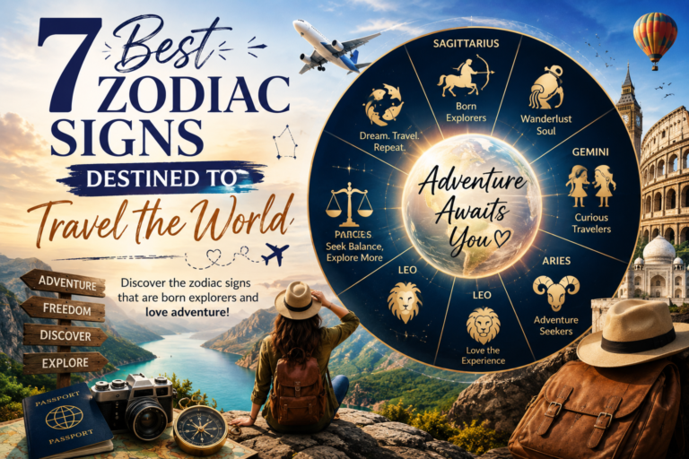 7 Best Zodiac Signs for Travel feature image showing zodiac wheel, traveler, airplane, passport, world landmarks, and adventure-themed astrology illustration