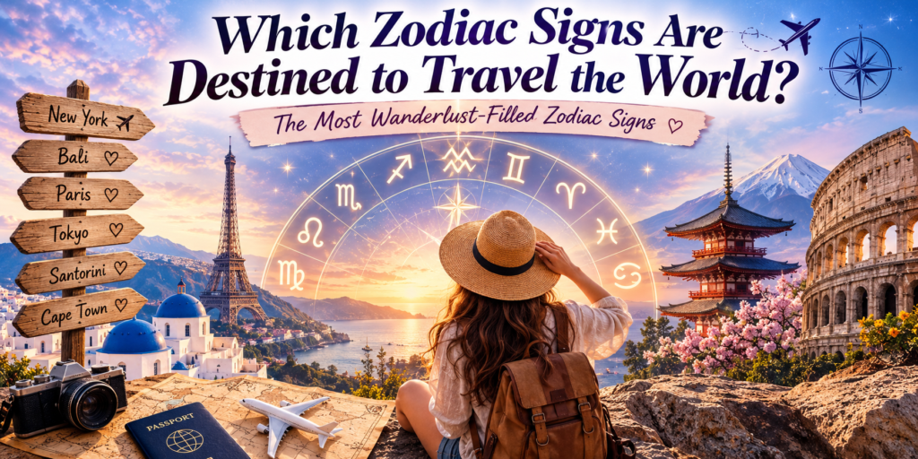 Which Zodiac Signs Are Destined to Travel the World featured image with zodiac wheel, traveler, airplane, passport, globe, and famous world landmarks