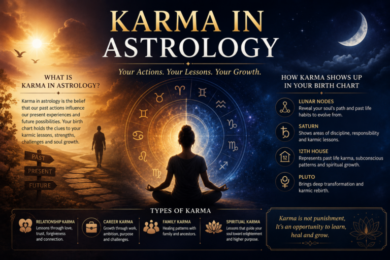 Karma in Astrology infographic explaining karmic lessons, birth chart influences, lunar nodes, Saturn, and spiritual growth.