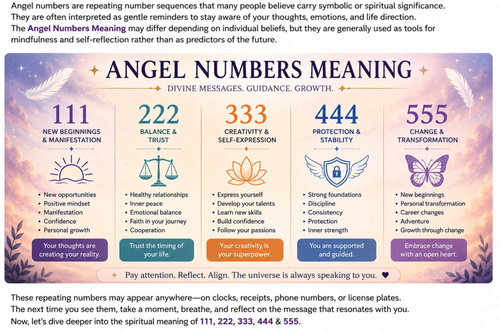 Angel Numbers Meaning infographic explaining the spiritual meanings of 111, 222, 333, 444, and 555 with symbolism for manifestation, balance, protection, and transformation.