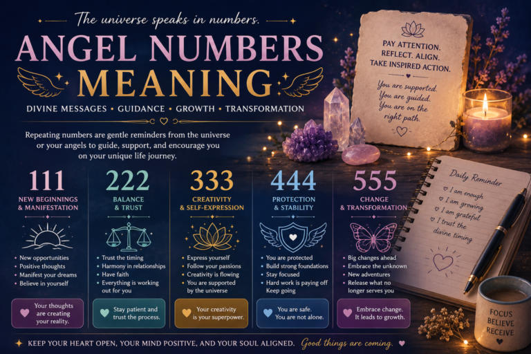 Angel Numbers Meaning infographic explaining the spiritual meaning of 111, 222, 333, 444, and 555 with divine guidance, manifestation, balance, protection, and transformation.