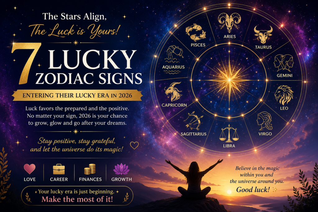 7 Lucky Zodiac Signs entering their lucky era in 2026 with a glowing zodiac wheel, cosmic sky, astrology symbols, and inspiration for love, career, finances, and personal growth.