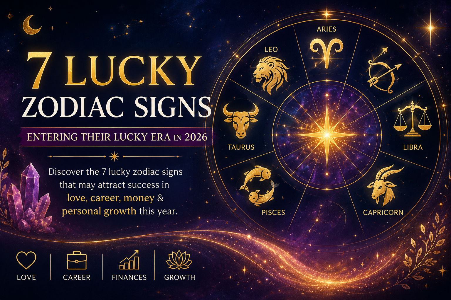 7 Lucky Zodiac Signs entering their lucky era in 2026 with zodiac wheel, celestial symbols, and astrology predictions for love, career, finances, and personal growth.