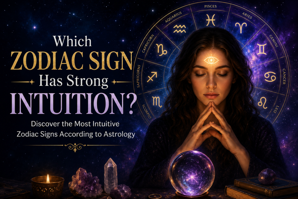 Which Zodiac Sign Has Strong Intuition featured image with mystical woman, zodiac wheel, and cosmic astrology background.