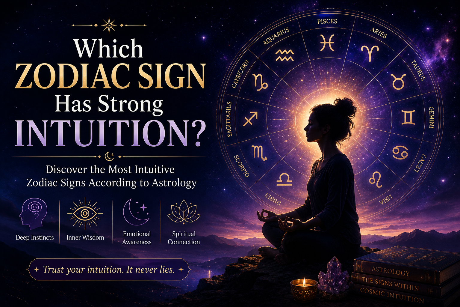 Which Zodiac Sign Has Strong Intuition feature image showing a meditating woman, glowing zodiac wheel, and cosmic astrology background.