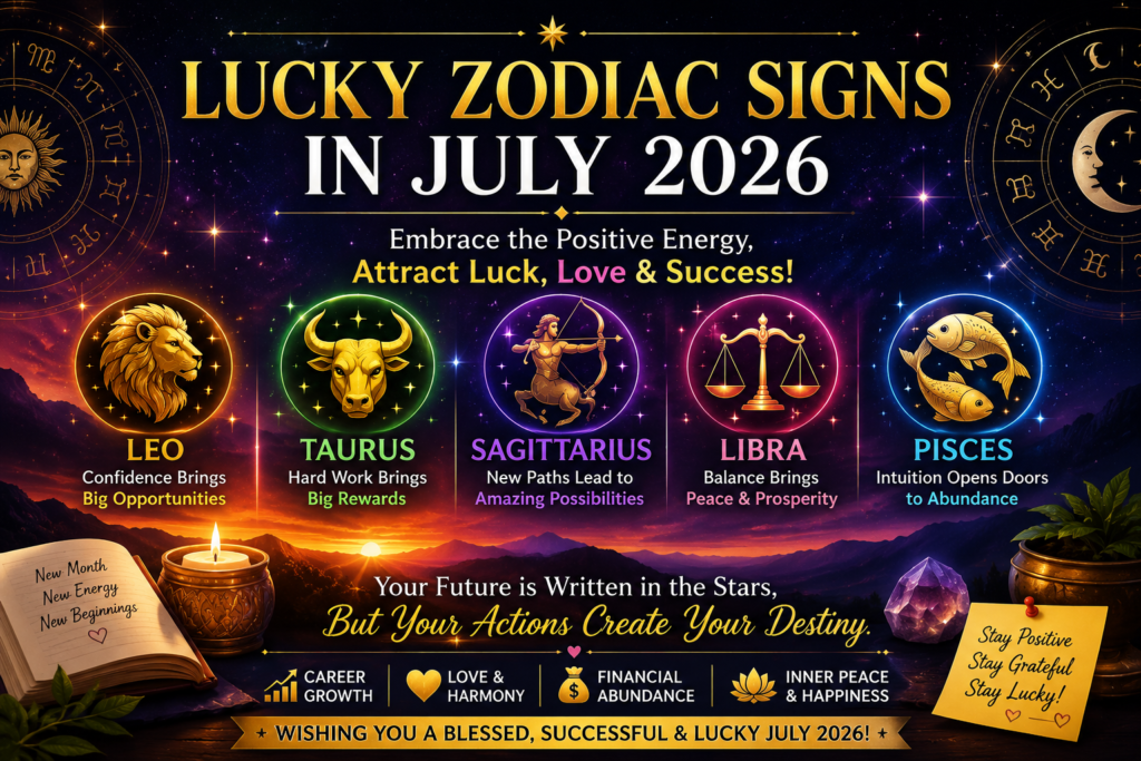 Lucky Zodiac Signs in July 2026 with zodiac symbols, cosmic background, and positive energy.