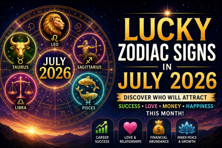 Lucky Zodiac Signs in July 2026 with zodiac wheel and cosmic astrology background.