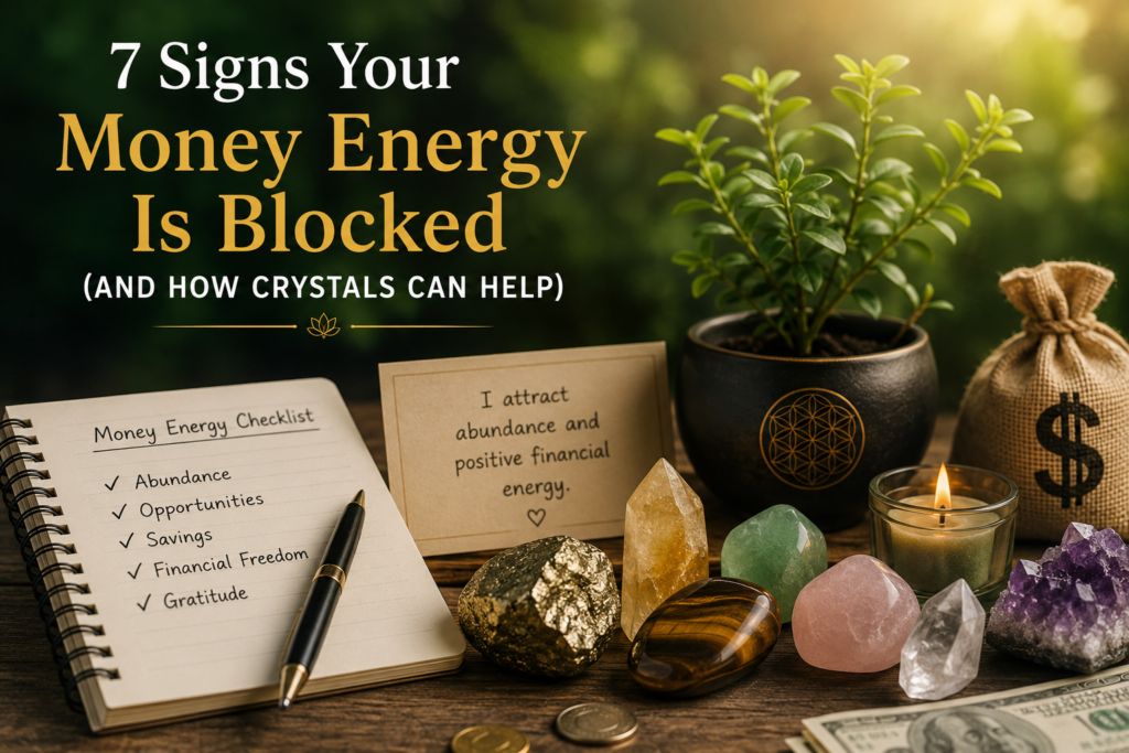 Money Energy Is Blocked concept with Pyrite, Citrine, Green Aventurine, Tiger Eye, and abundance crystals