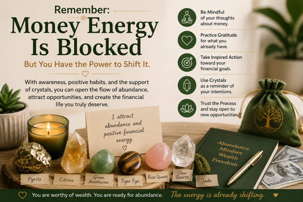 Money Energy Is Blocked reminder with Pyrite, Citrine, Green Aventurine, Tiger Eye, Rose Quartz, Clear Quartz, and Jade crystals promoting an abundance mindset