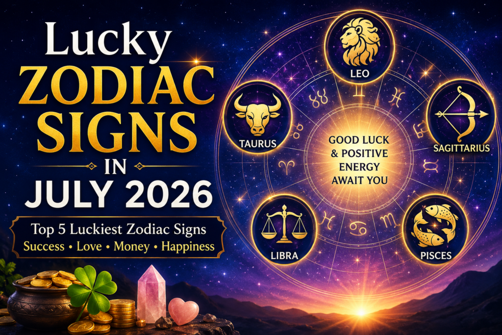 Lucky Zodiac Signs in July 2026 with zodiac wheel, cosmic background, and symbols of love, wealth, and success.