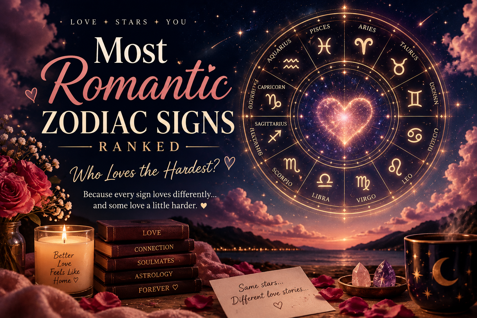 Most Romantic Zodiac Signs ranked with zodiac wheel and romantic astrology theme
