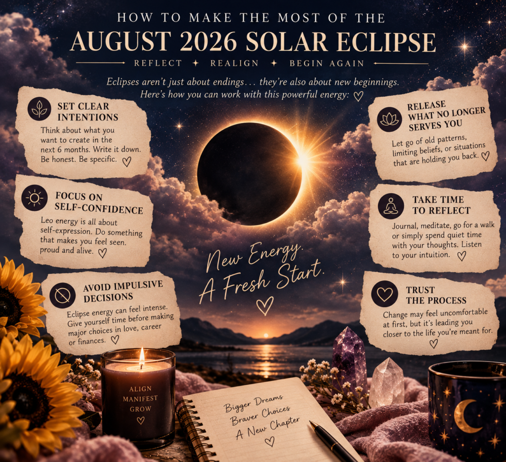 August 2026 Solar Eclipse in Leo with zodiac wheel and celestial astrology symbols