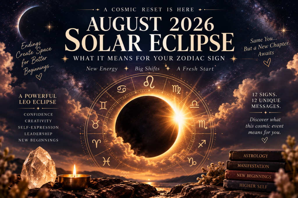 August 2026 Solar Eclipse in Leo with zodiac wheel and celestial astrology symbols