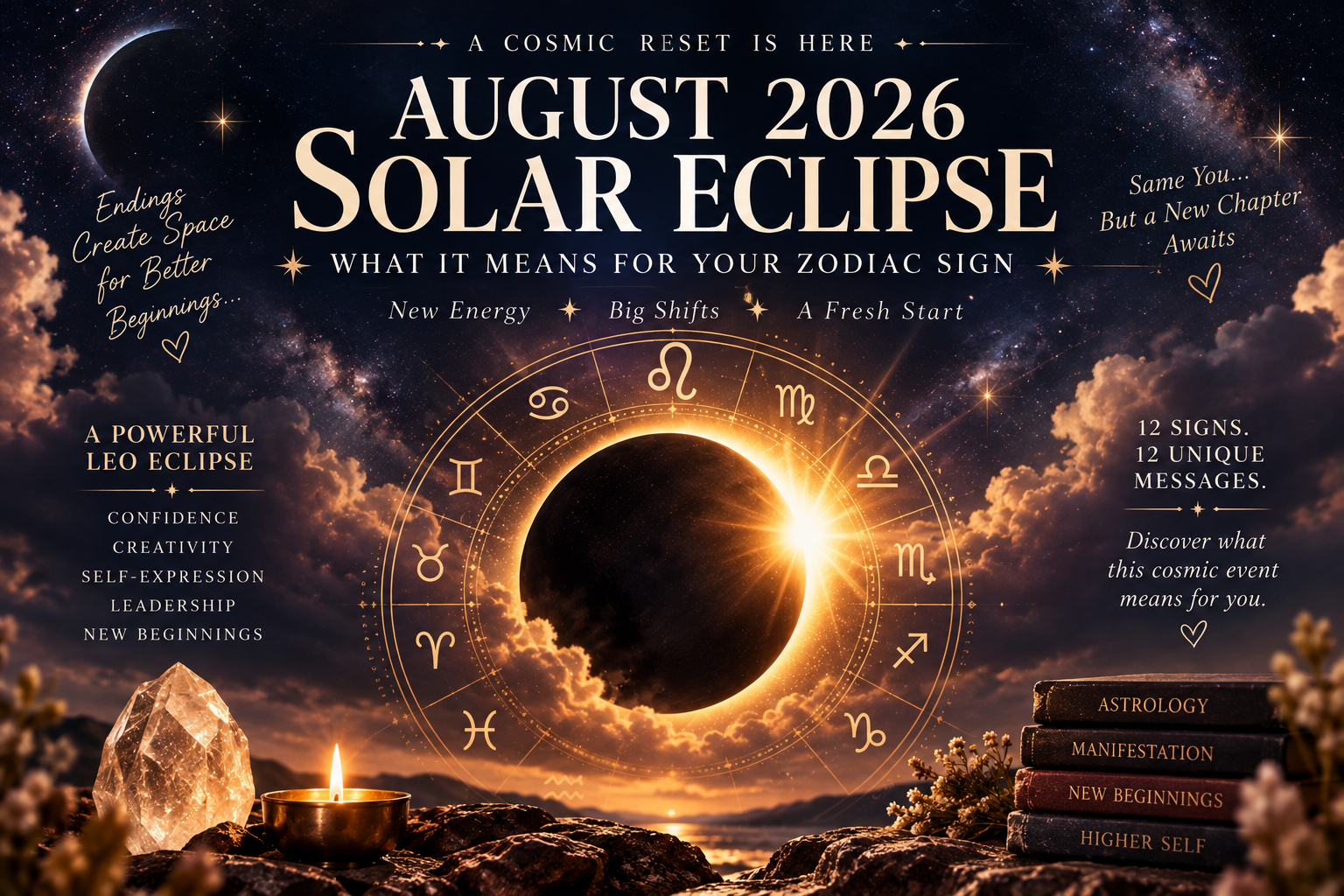 August 2026 Solar Eclipse in Leo with zodiac wheel and celestial astrology symbols