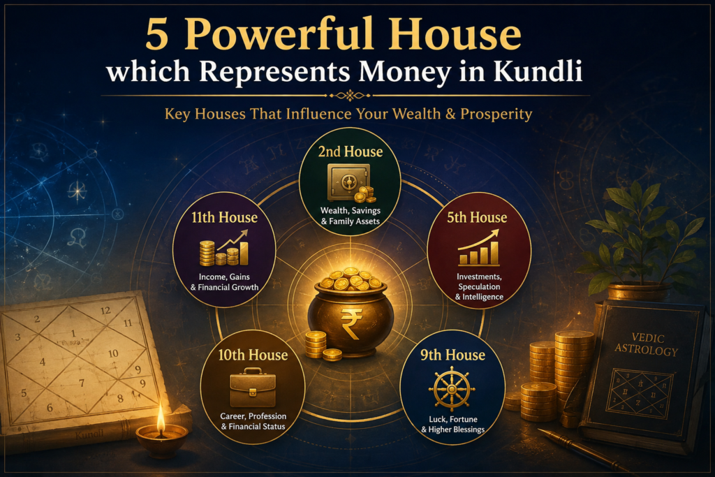 Vedic astrology Kundli chart showing five houses associated with wealth and money